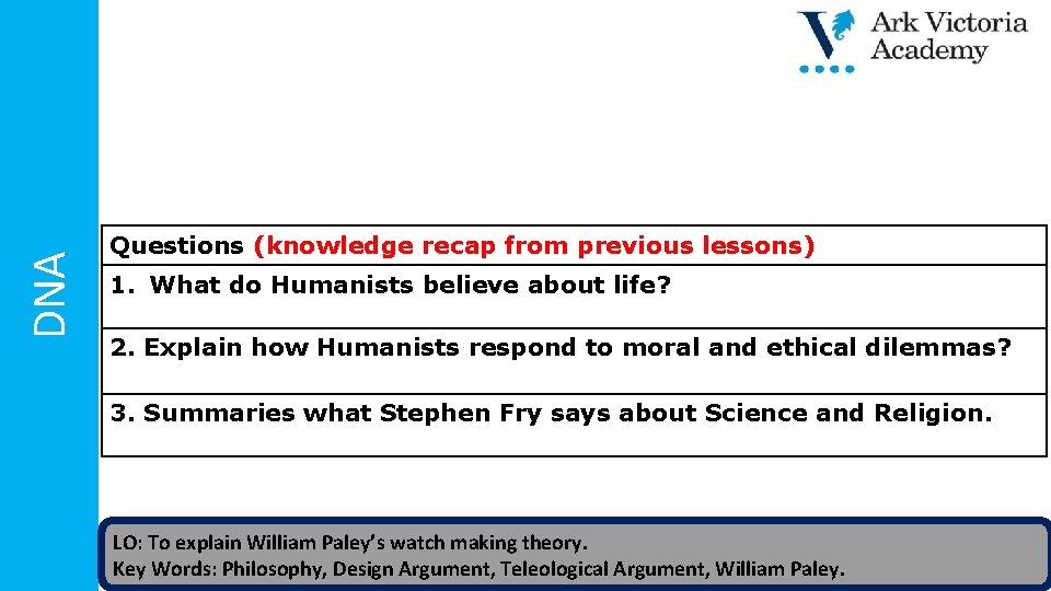 DNA Questions (knowledge recap from previous lessons) 1. What do Humanists believe about life?