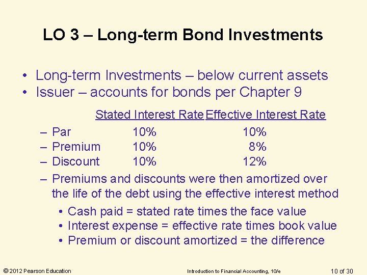 LO 3 – Long-term Bond Investments • Long-term Investments – below current assets • LO 3 – Long-term Bond Investments • Long-term Investments – below current assets •