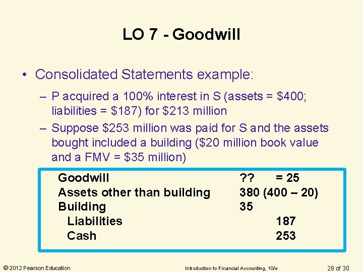 LO 7 - Goodwill • Consolidated Statements example: – P acquired a 100% interest LO 7 - Goodwill • Consolidated Statements example: – P acquired a 100% interest