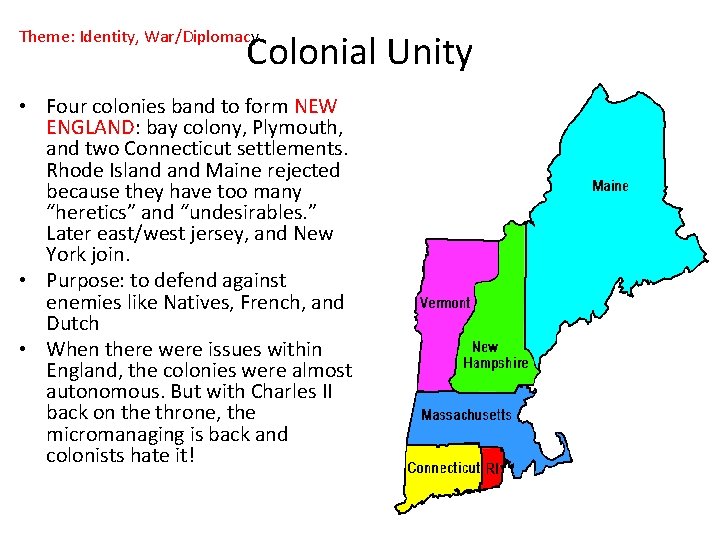 Theme: Identity, War/Diplomacy Colonial Unity • Four colonies band to form NEW ENGLAND: bay Theme: Identity, War/Diplomacy Colonial Unity • Four colonies band to form NEW ENGLAND: bay