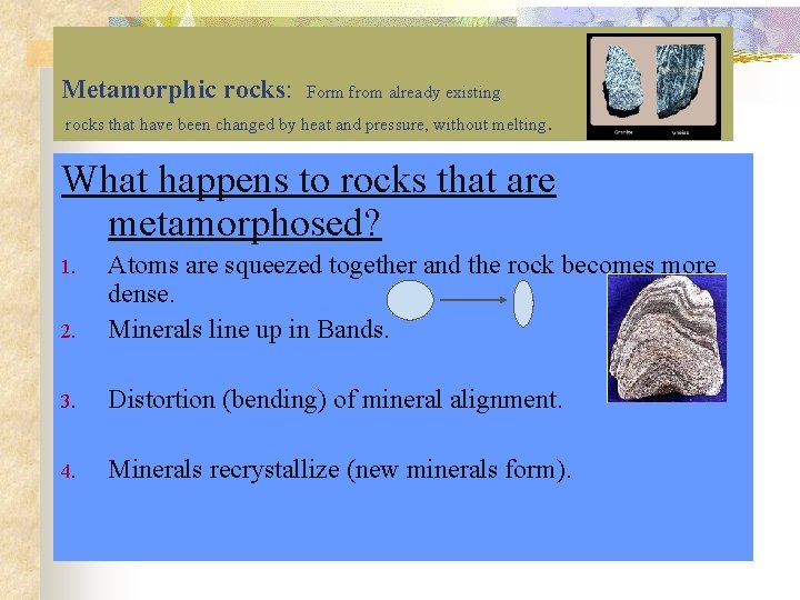 Metamorphic rocks: Form from already existing rocks that have been changed by heat and