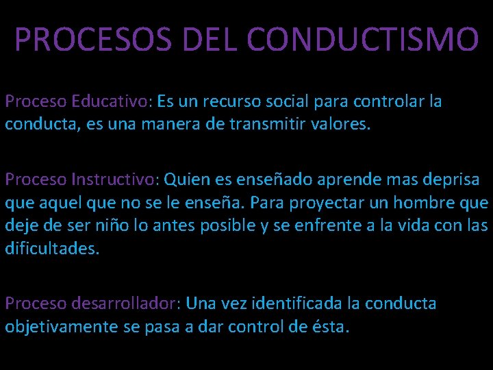 PROCESOS DEL CONDUCTISMO Proceso Educativo: Es un recurso social para controlar la conducta, es