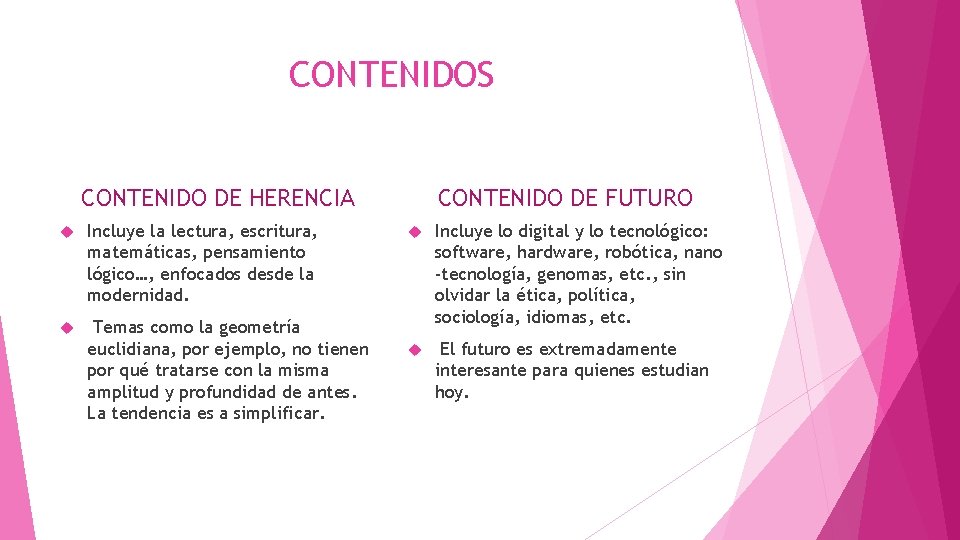 CONTENIDOS CONTENIDO DE HERENCIA Incluye la lectura, escritura, matemáticas, pensamiento lógico…, enfocados desde la