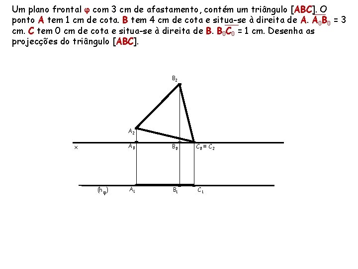 Um plano frontal φ com 3 cm de afastamento, contém um triângulo [ABC]. O