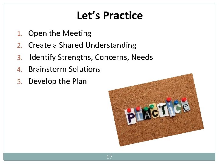 Let’s Practice 1. Open the Meeting 2. Create a Shared Understanding 3. Identify Strengths,