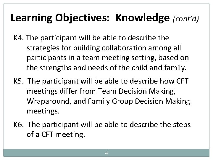 Learning Objectives: Knowledge (cont’d) K 4. The participant will be able to describe the