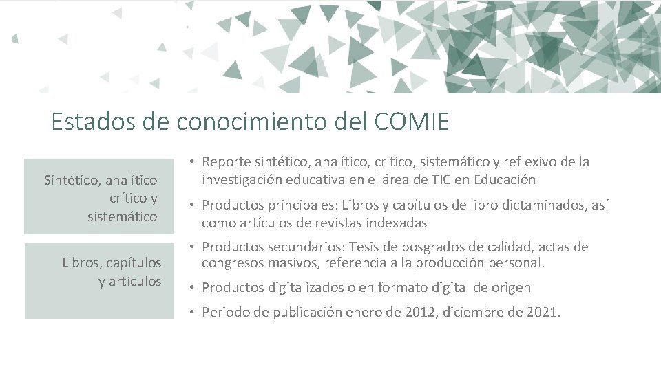 Estados de conocimiento del COMIE Sintético, analítico crítico y sistemático Libros, capítulos y artículos