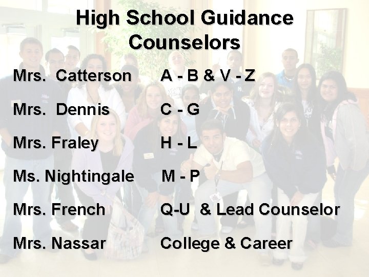 High School Guidance Counselors Mrs. Catterson A-B&V-Z Mrs. Dennis C-G Mrs. Fraley H-L Ms.