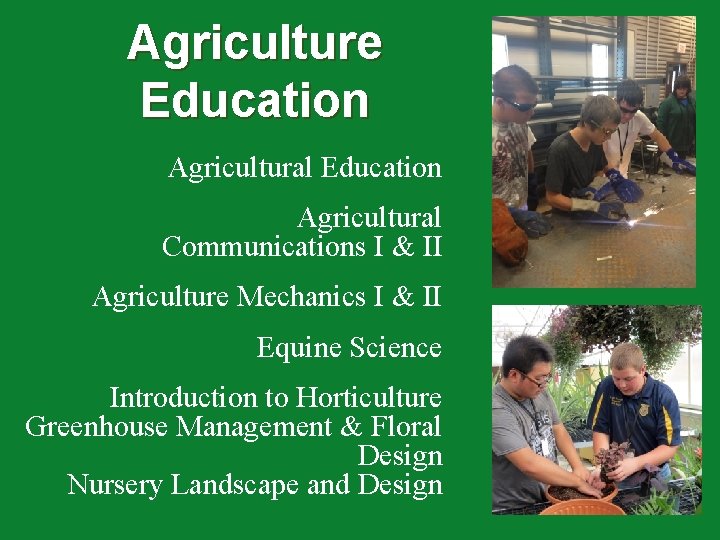Agriculture Education Agricultural Communications I & II Agriculture Mechanics I & II Equine Science