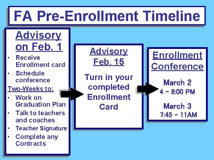 FA Pre-Enrollment Timeline Advisory on Feb. 1 • Receive Enrollment card • Schedule conference