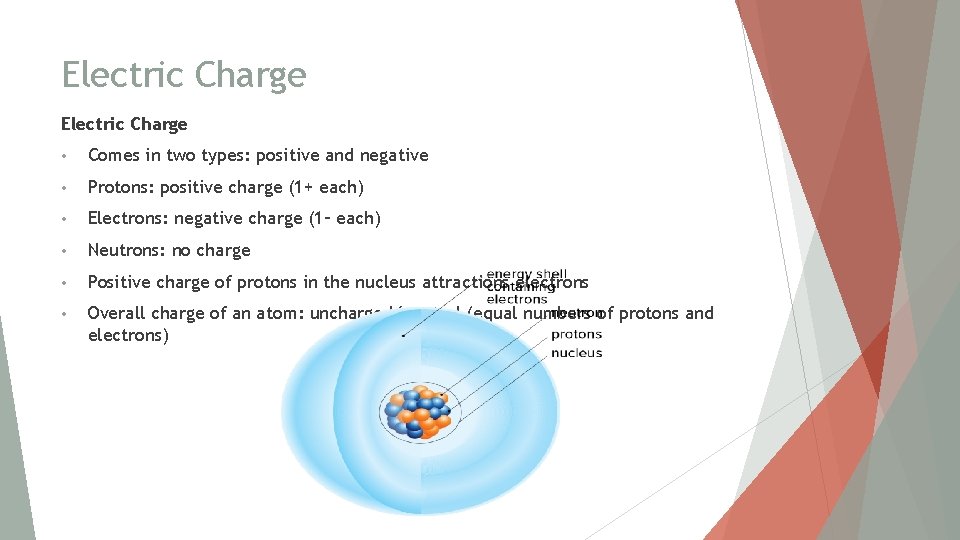 Electric Charge • Comes in two types: positive and negative • Protons: positive charge