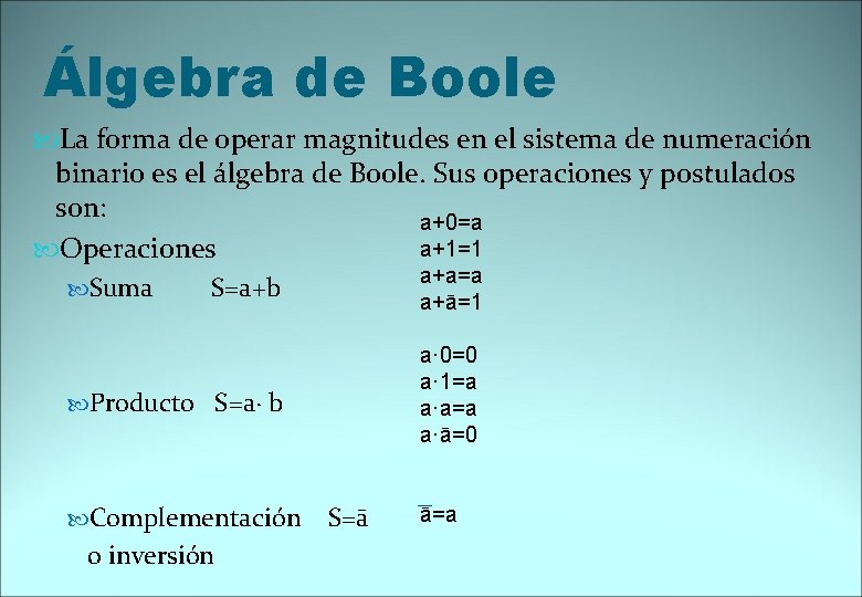 Álgebra de Boole La forma de operar magnitudes en el sistema de numeración binario