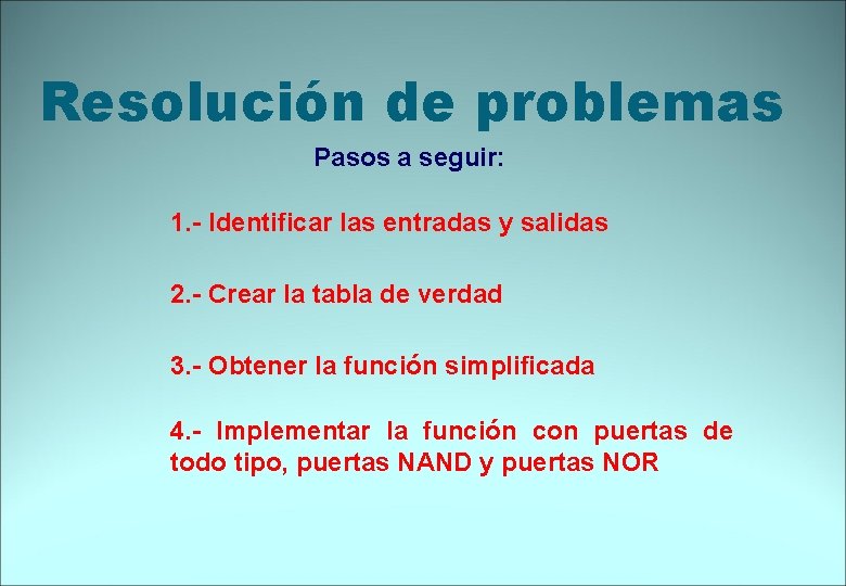 Resolución de problemas Pasos a seguir: 1. - Identificar las entradas y salidas 2.