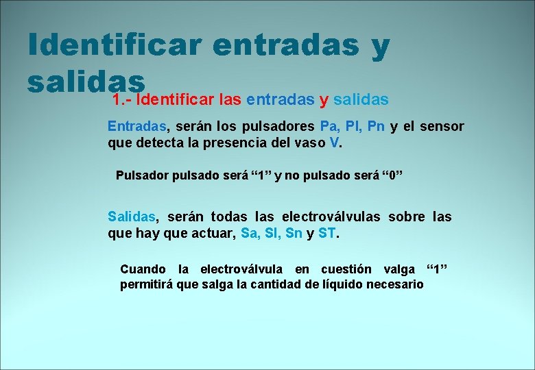 Identificar entradas y salidas 1. - Identificar las entradas y salidas Entradas, serán los