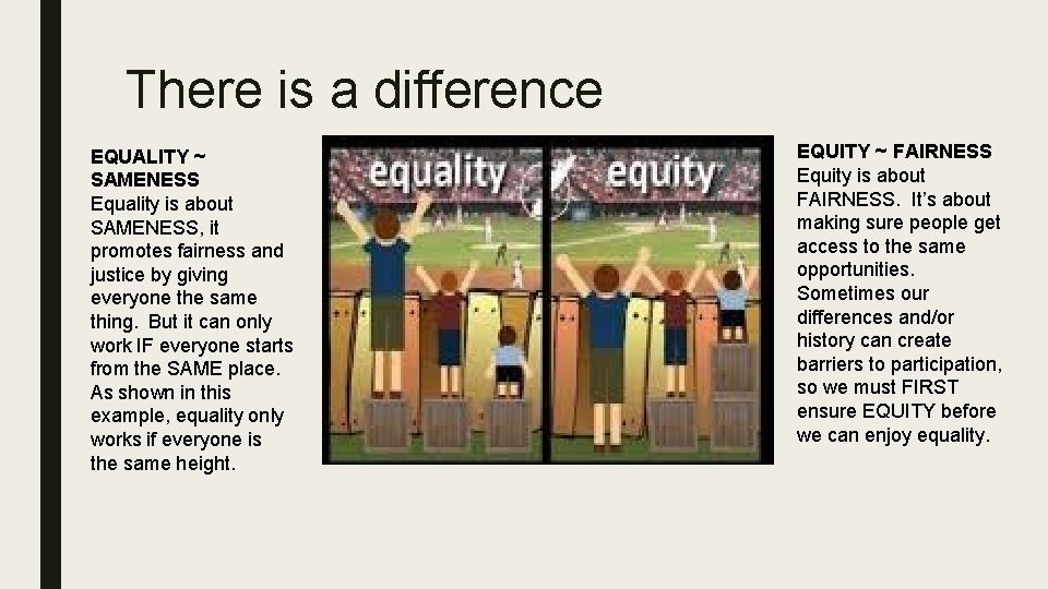 There is a difference EQUALITY ~ SAMENESS Equality is about SAMENESS, it promotes fairness