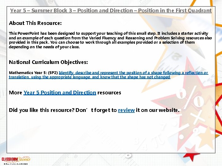 Year 5 – Summer Block 3 – Position and Direction – Position in the