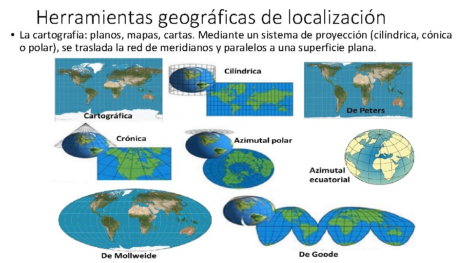 Herramientas geográficas de localización • La cartografía: planos, mapas, cartas. Mediante un sistema de