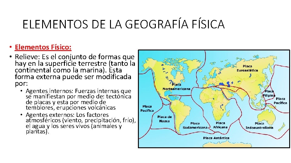 ELEMENTOS DE LA GEOGRAFÍA FÍSICA • Elementos Físico: • Relieve: Es el conjunto de