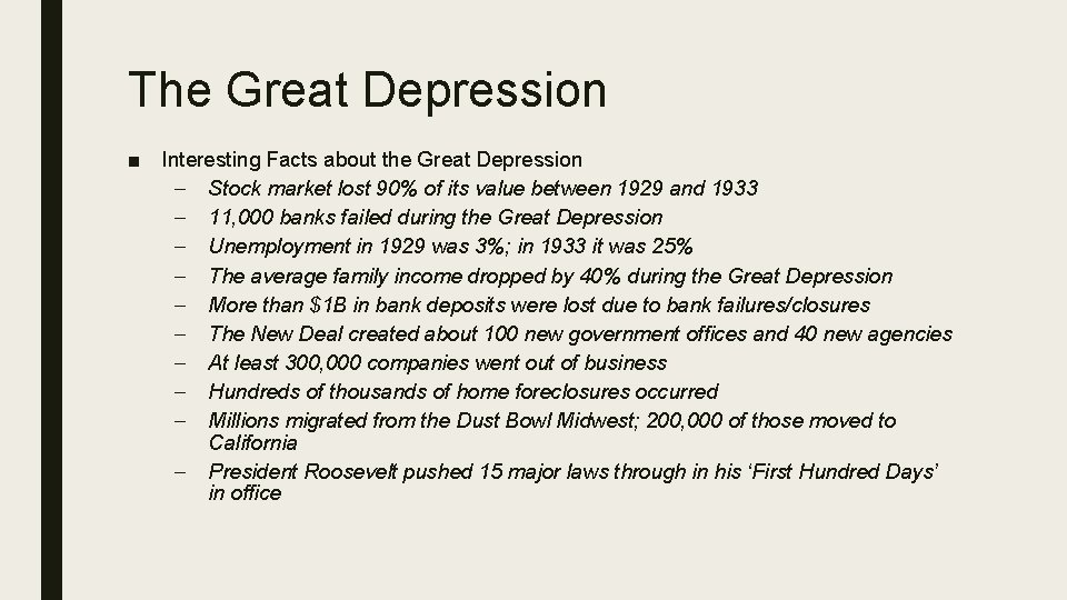 The Great Depression ■ Interesting Facts about the Great Depression – Stock market lost