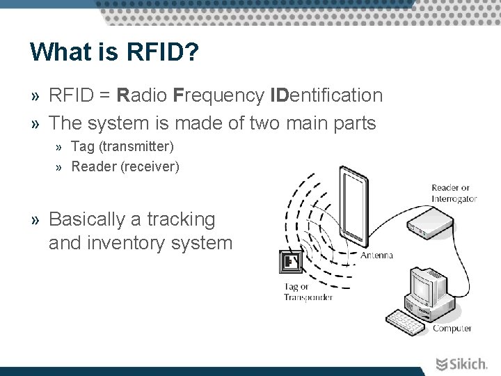 What is RFID? » RFID = Radio Frequency IDentification » The system is made