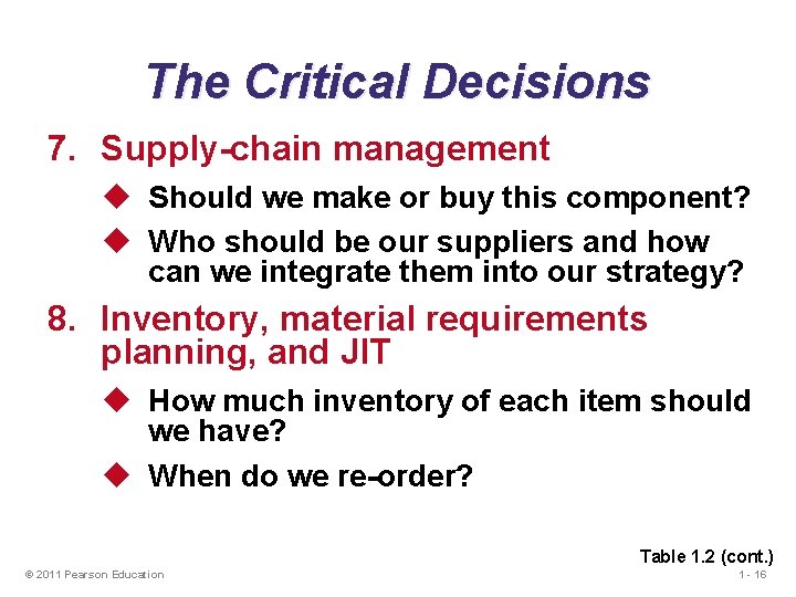 The Critical Decisions 7. Supply-chain management u Should we make or buy this component? The Critical Decisions 7. Supply-chain management u Should we make or buy this component?