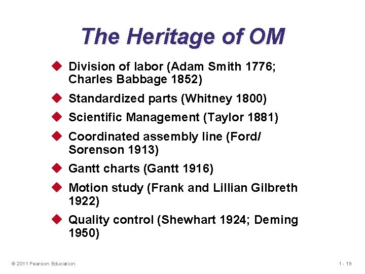 The Heritage of OM u Division of labor (Adam Smith 1776; Charles Babbage 1852) The Heritage of OM u Division of labor (Adam Smith 1776; Charles Babbage 1852)