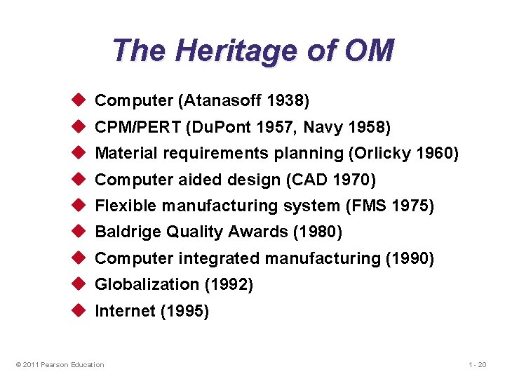 The Heritage of OM u Computer (Atanasoff 1938) u CPM/PERT (Du. Pont 1957, Navy The Heritage of OM u Computer (Atanasoff 1938) u CPM/PERT (Du. Pont 1957, Navy