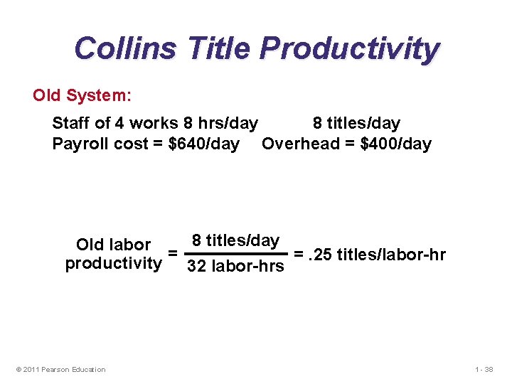 Collins Title Productivity Old System: Staff of 4 works 8 hrs/day 8 titles/day Payroll Collins Title Productivity Old System: Staff of 4 works 8 hrs/day 8 titles/day Payroll