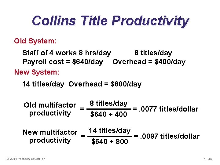 Collins Title Productivity Old System: Staff of 4 works 8 hrs/day 8 titles/day Payroll Collins Title Productivity Old System: Staff of 4 works 8 hrs/day 8 titles/day Payroll