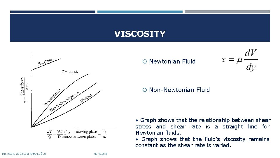 VISCOSITY Newtonian Fluid Non-Newtonian Fluid • Graph shows that the relationship between shear stress