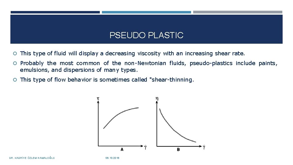 PSEUDO PLASTIC This type of fluid will display a decreasing viscosity with an increasing