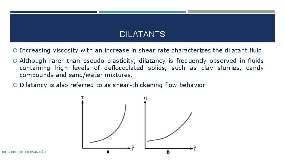 DILATANTS Increasing viscosity with an increase in shear rate characterizes the dilatant fluid. Although