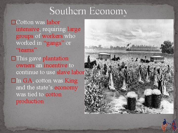 Southern Economy �Cotton was labor intensive, requiring large groups of workers who worked in