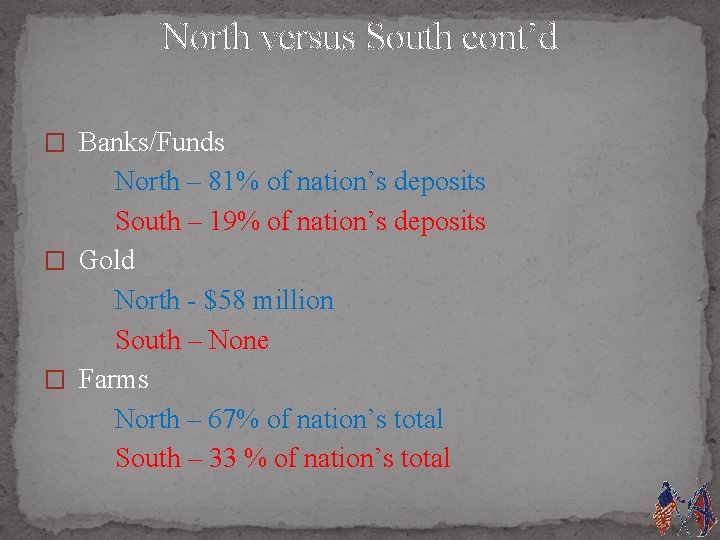 North versus South cont’d � Banks/Funds North – 81% of nation’s deposits South –