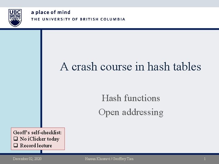 A crash course in hash tables Hash functions Open addressing Geoff’s self-checklist: q No