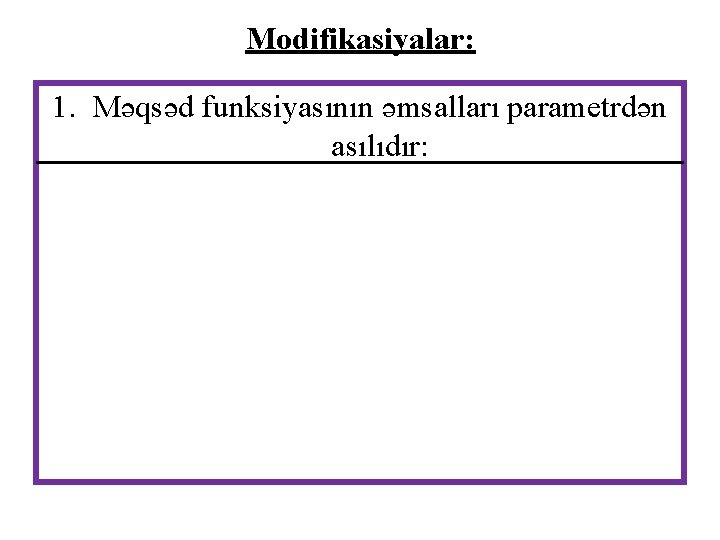 Modifikasiyalar: 1. Məqsəd funksiyasının əmsalları parametrdən asılıdır: 