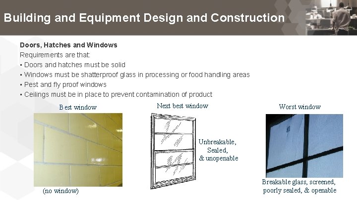 Building and Equipment Design and Construction Doors, Hatches and Windows Requirements are that: •