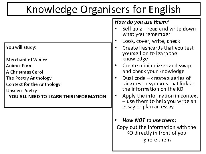 Knowledge Organisers for English You will study: Merchant of Venice Animal Farm A Christmas