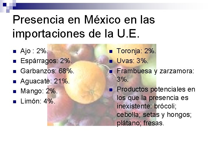 Presencia en México en las importaciones de la U. E. n n n Ajo