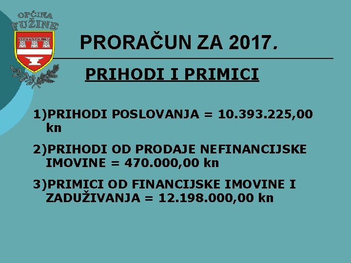 PRORAČUN ZA 2017. PRIHODI I PRIMICI 1)PRIHODI POSLOVANJA = 10. 393. 225, 00 kn