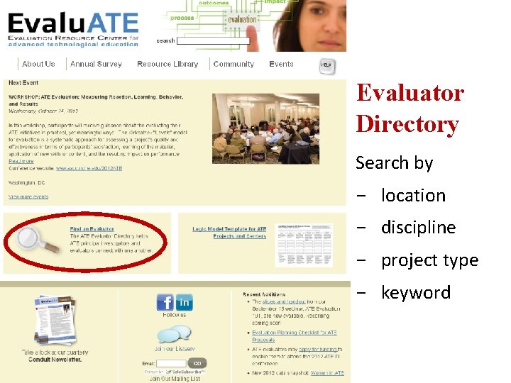 Evaluator Directory Search by - location - discipline - project type - keyword 