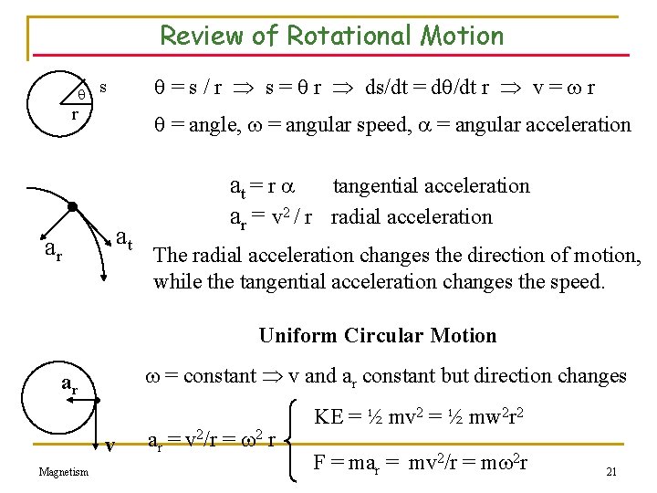 Review of Rotational Motion = s / r s = r ds/dt = d