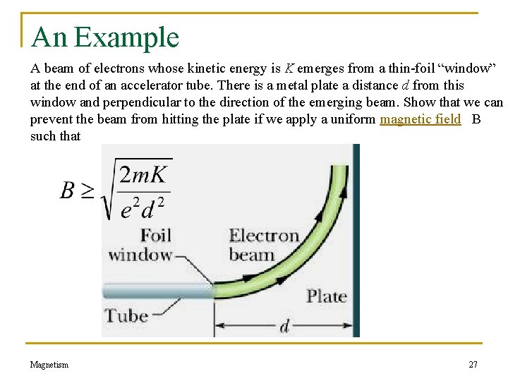 An Example A beam of electrons whose kinetic energy is K emerges from a