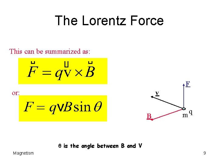 The Lorentz Force This can be summarized as: F or: v B mq q