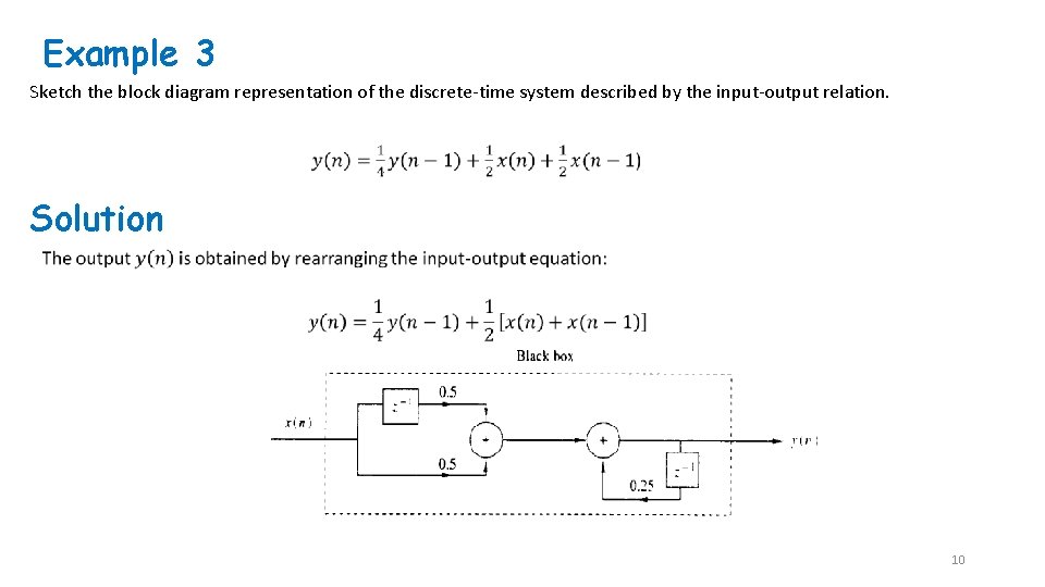 Example 3 Sketch the block diagram representation of the discrete-time system described by the