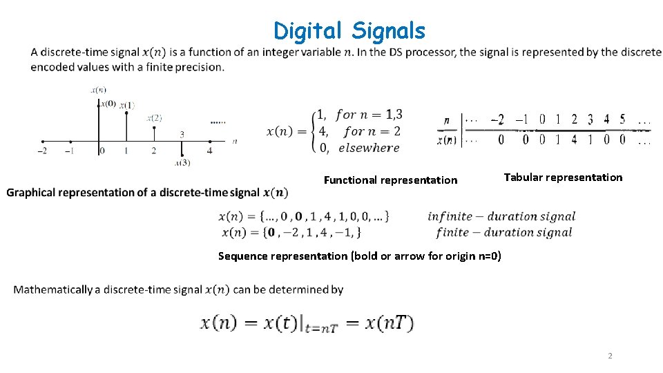 Digital Signals Functional representation Tabular representation Sequence representation (bold or arrow for origin n=0)