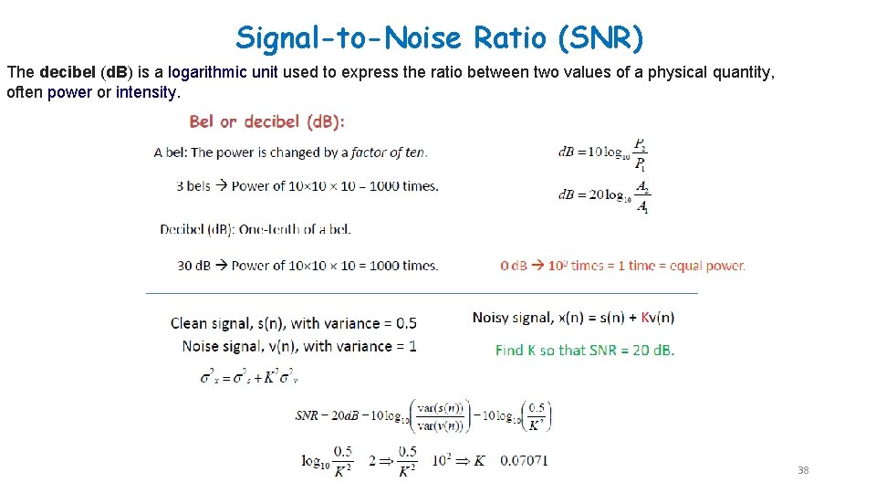 Signal-to-Noise Ratio (SNR) The decibel (d. B) is a logarithmic unit used to express