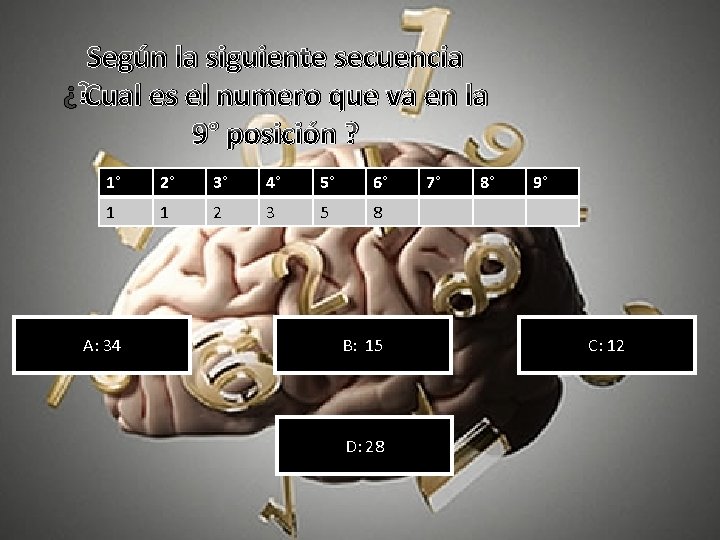 Según la siguiente secuencia ¿ Cual es el numero que va en la 9°