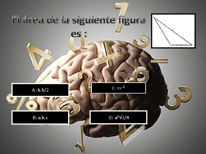 El área de la siguiente figura es : A: b. h/2 B: a. b.