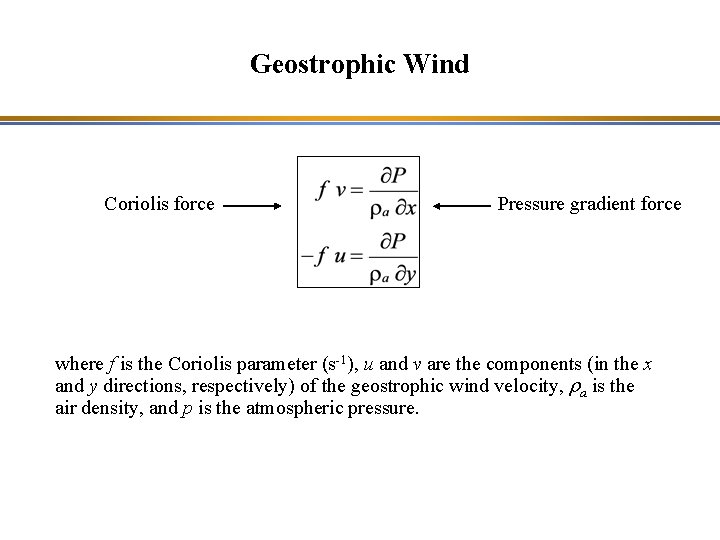 Geostrophic Wind Coriolis force Pressure gradient force where f is the Coriolis parameter (s-1),